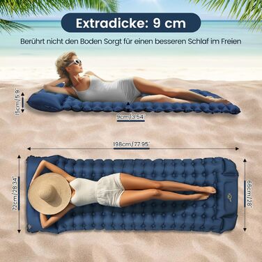 Надувний килимок для кемпінгу Tuocal Isomatte, 9 см, з вбудованим насосом, антиковзаюча поверхня, для відпочинку на природі, подорожей та наметів (блакитний)