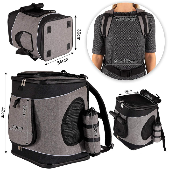 Сумка-рюкзак для тварин Lionto, 34x30x42 см, з водонепроникного оксфорду та сітки, з тримачем для пляшки та подушкою, для тварин до 10 кг, сіра/зелена