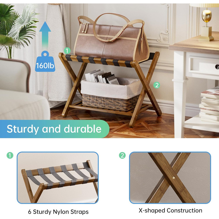 SMIBUY Luggage Rack, 2-Piece Set, Folding Bamboo Suitcase Stand with Shelf for Guest Room, Bedroom, Hotel, Heavy-Duty (Walnut)