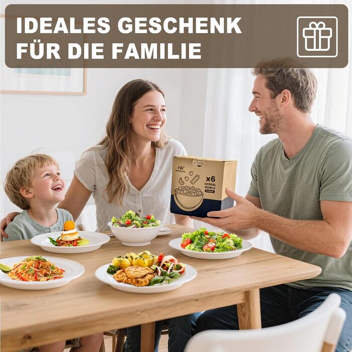 36-ти елементний набір посуду – міцний, легкий, з 26 oz мисками, десертними та обідніми тарілками, придатний для миття в посудомийній машині, багаторазовий, подарунок для дому, для щоденного використання, білий (6-дюймові миски, 6 наборів)