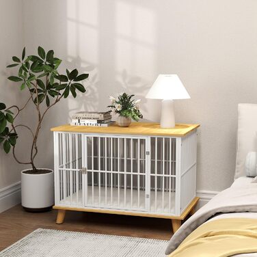 Клітка для собак PawHut з дверима та подушкою, сталева, для дому, середніх собак до 15 кг, 86x60x70 см, колір дуб+білий