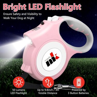 Висувна поводок для собак з LED-підсвіткою, 5 м, з мішками для собачого посліду, для собак маленьких та середніх порід до 25 кг, система гальма та блокування, ергономічна ручка, світло-рожевий колір