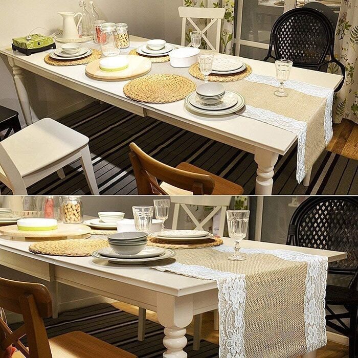 BIT.FLY Jute Table Runner with Lace - 5 Pack 30 x 275cm Table Runner Wedding Decoration Table Band made of Natural Linen for Weddings, Dinners, Parties, Table Decorations