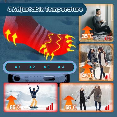 Гріючі шкарпетки з підігрівом, 5000mAh, 4 режими температури, USB, для катання на лижах, велосипеді, риболовлі, кемпінгу, унісекс, 35-45 EU
