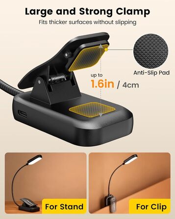 Світлодіодна лампа для читання Glocusent з кріпленням, 20 LED, USB, 5 режимів температури кольору, регулювання яскравості, гнучка на 360°, для читання в ліжку