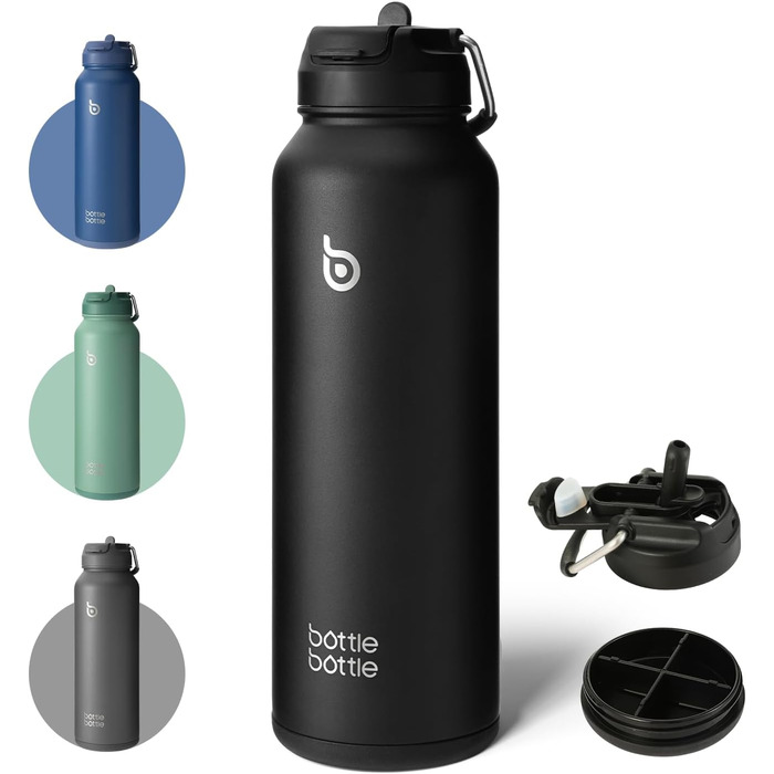 BOTTLE BOTTLE Insulated Water Bottle with Straw, Sport Stainless Steel Water Bottle with Grip Lid, Outdoor Sports Bottle for Pills, 1L (Black)