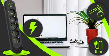 Мережева стрічка Retoo з 3 USB, 5 розеток, вимикачем та 5м кабелем, захист від перенапруги 2500W/10A, з вилками, для смартфонів, ноутбуків, дому, кухні