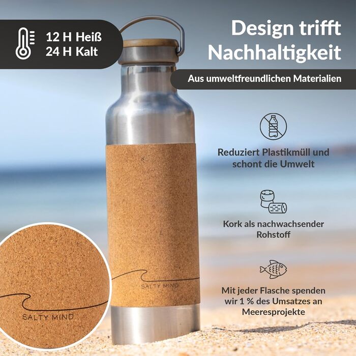 Stainless Steel Water Bottle 750ml - Sustainable, insulated thermal water bottle made of stainless steel, leak-proof - Iso bottle free from harmful substances, BPA-free - Thermos drinking bottle (floral print) (wave (engraving) + bottle brush)