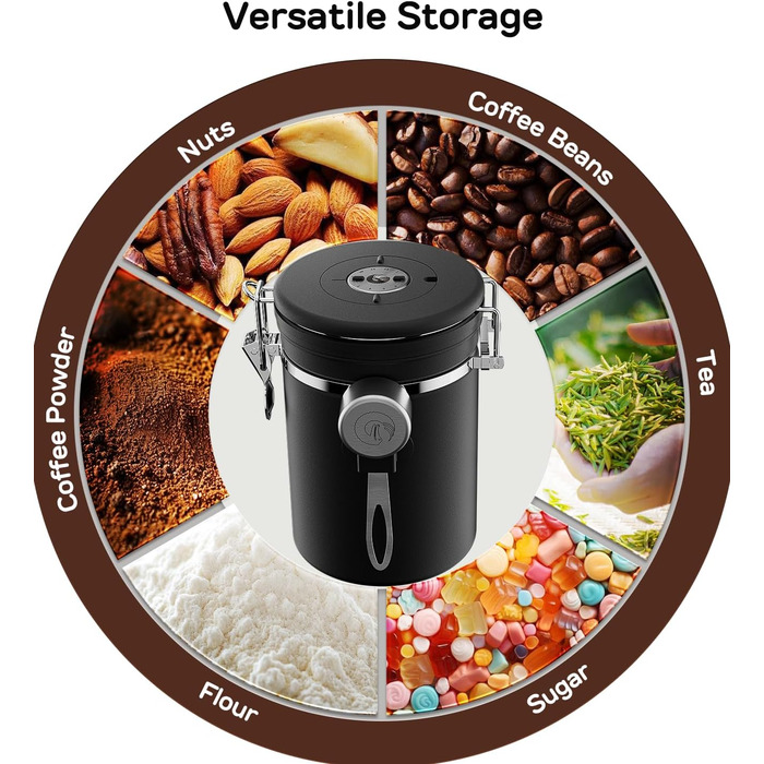 Coffee Gator Контейнер для кави з нержавіючої сталі, герметичний, з датчиком свіжості, клапаном CO2, ложкою, для кавових зерен, меленої кави, горіхів, чаю, цукру (Чорний, L)