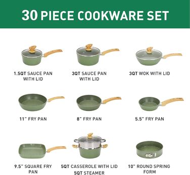 Kitchen Academy 30-Piece Induction Cookware Set with Glass Lids and Granite Coating, including Frying Pans and Pots (Green)