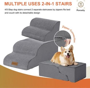 Trhillsbrad Dog Stairs, 5 Steps for Small Dogs, High-Density Foam Pet Stairs, Washable Cover and Non-Slip Bottom (Foldable Dog Stairs, 4 Steps)