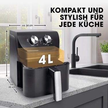 Gourmetmaxx Hot Air Fryer 4 L | Air Fryer with Timer Function & Stainless Steel Heating Element | Practical Preheating & Keep Warm Function | Low Odor, Energy-Saving & Virtually Oil-Free | 1400 W Matte Black 4 Liters