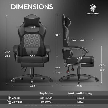 Ігровий крісло Dowinx з PU-шкіри, ергономічний, з підтримкою попереку, для ПК, до 150 кг (чорний)