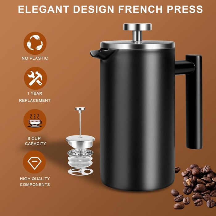 French Press Coffee Maker, 100 ml, large, insulated, robust premium stainless steel, 4-6 cup capacity, coffee press, French press plunger, teapot, black