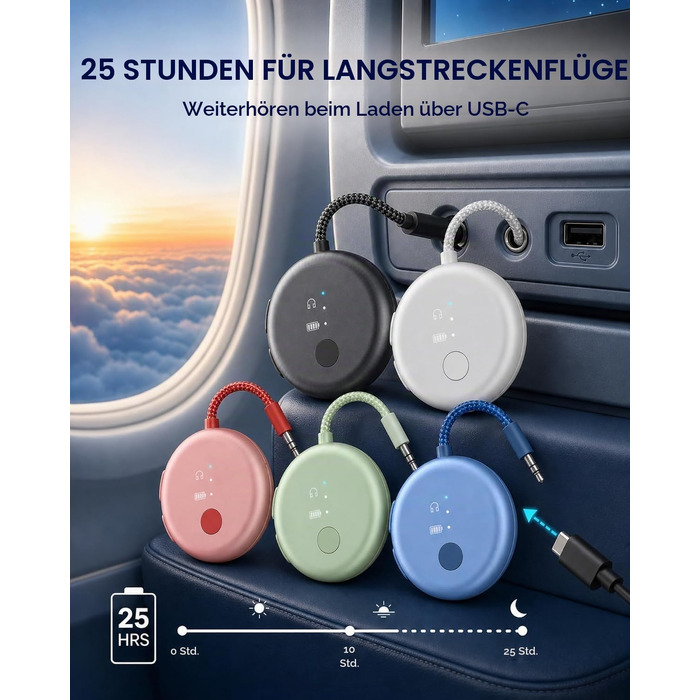 Bluetooth-адаптер для літака Avantree SoundJet R1 для AirPods та бездротових навушників, 25 годин роботи (набір з 7 шт, 5 кольорів)