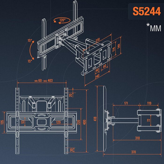 Кріплення для телевізора RICOO S5244: поворотне та нахилене, універсальне, для телевізорів 32-55 дюймів, до 50 кг, VESA 400x400 мм, підходить для плоских та вигнутих моделей