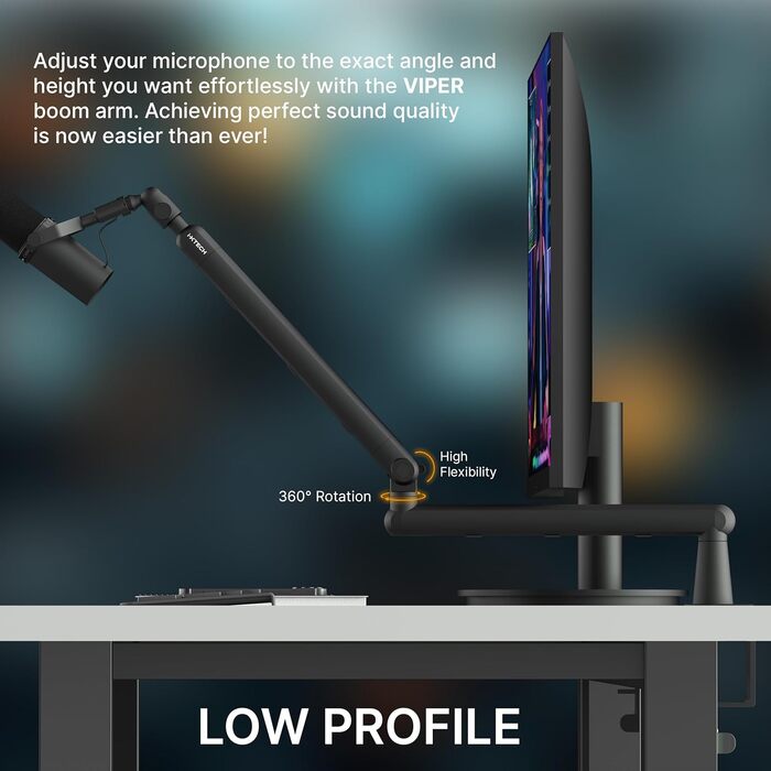 Тримач для мікрофона IXTECH RGB з низьким профілем, регульований кріплення для мікрофона зі стійкою, поворотний мікрофонний стійка з кабельною організацією для подкастів та стрімінгу (6 Viper)