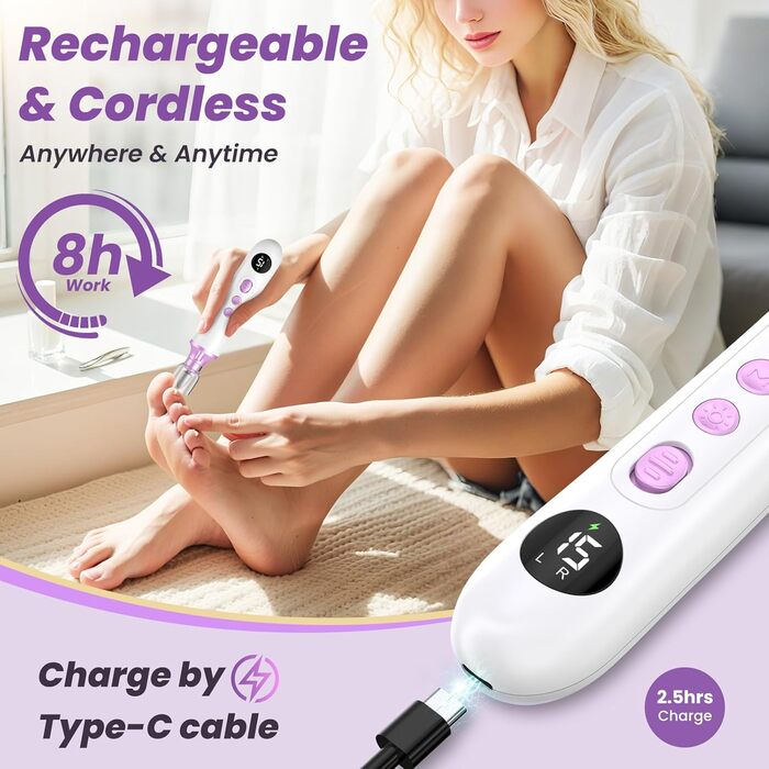 Електричний набір для манікюру та педикюру з 9 насадками та 15 швидкостями, LED-підсвічуванням, W-Lila