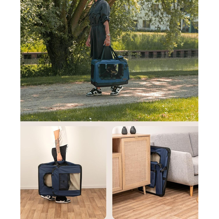 Транспортна переноска для собак та котів Lionto, 50x34x36 см, складана, з ручками та ковдрою, до 10 кг, темно-синя