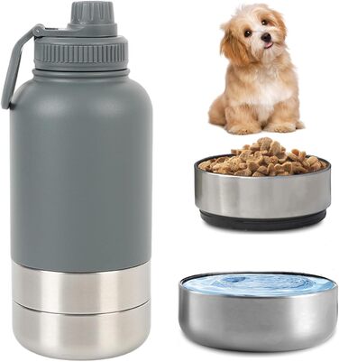 Портативна собача пляшка для води з мискою 950 мл – ізольована сталева фляга для собак, BPA-free для подорожей та прогулянок (Сірий, L)