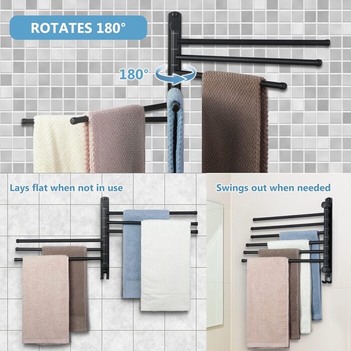 Тримач для рушників JSVER з нержавіючої сталі, 6-ти секційний, поворотний, чорний, 34 см