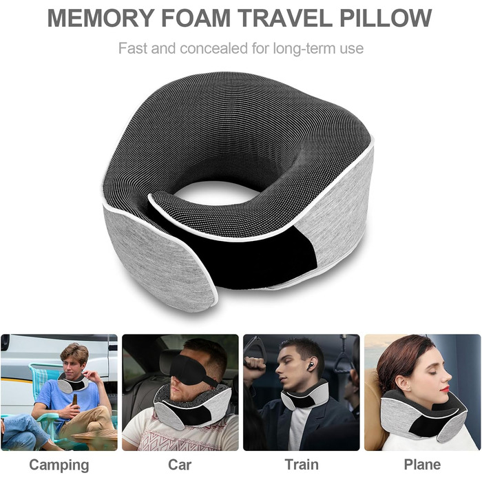 Подушка для шиї з піною з пам'яті Memory Foam, комплект з маскою для очей, берушами та чохлом, ергономічна туристична подушка (світло-сіра)