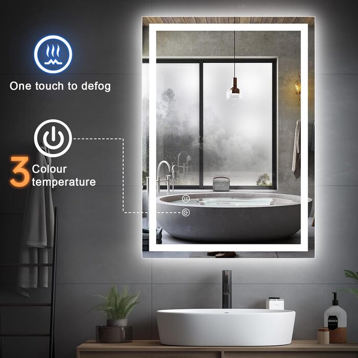 Дзеркало з підсвічуванням 70x50 см для ванної кімнати, сенсорне керування, антизапар, 3 кольори світла, регулювання яскравості