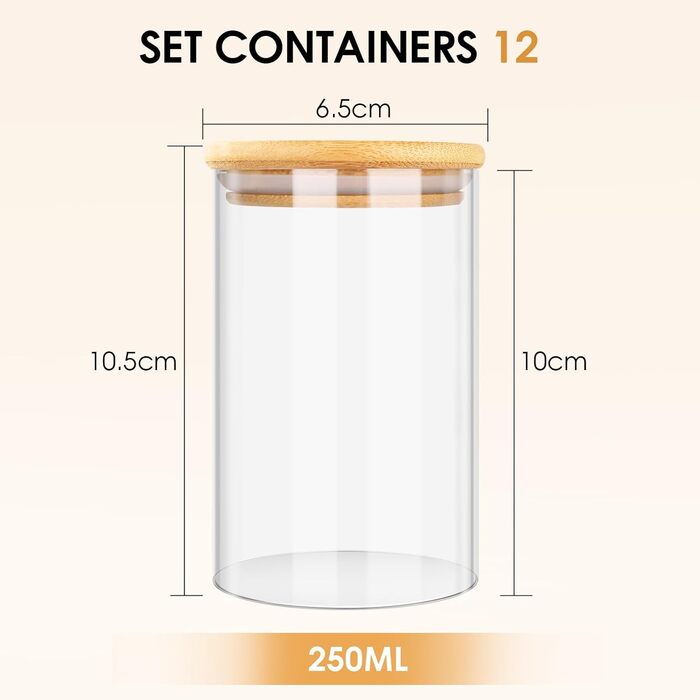 Набір скляних банок для спецій Cinnani 250 мл (12 шт) з дерев'яними кришками, герметичні, з етикетками