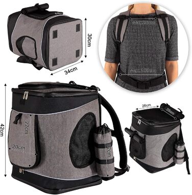 Сумка-рюкзак для тварин Lionto, 34x30x42 см, з водонепроникного оксфорду та сітки, з тримачем для пляшки та подушкою, для тварин до 10 кг, сіра/зелена