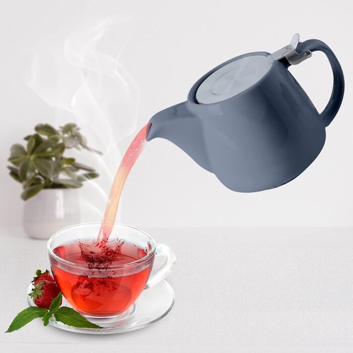 VIVILINEN Porcelain Teapot, Ceramic, Handmade, 18/8 Stainless Steel Strainer, Fine Mesh Stainless Steel Infuser with Filter (Gray)