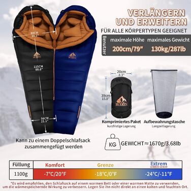 Спальний мішок зимовий, -24°C, чорний. Ultraleichter Mumien-Schlafsack для дорослих та підлітків, кемпінг, походи, трекінг