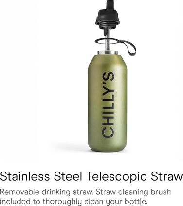 Chilly's Series 2 Flip Bottle - Thermos Flask with Sport Cap, Telescopic Straw, and Nylon Carry Loop - Stainless Steel Bottle with Easy Flip Opening, Includes Straw Cleaning Brush (Ombre - Moss, 500 ml)