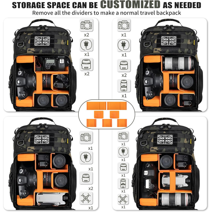 Рюкзак для камери з відділенням для ноутбука 15,6 дюймів - водонепроникний, міцний фоторюкзак для Canon, Nikon, DJI | Знімний вкладиш, кріплення для штатива, чорний камуфляж