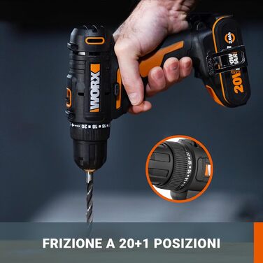 Акумуляторний дриль-шурупокрут WORX WX108 20V – універсальний інструмент для свердління та закручування, 20+1 момент затягування, 10 мм патрон, 2x2Ah акумулятори та зарядний пристрій