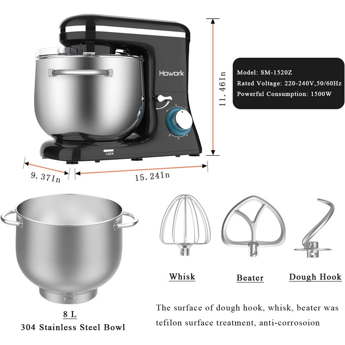 Кухонна машина Howork Knetmaschine: потужна 1500W, 8L, нахильна чаша, 6 швидкостей, міксер, гак для тіста, сплітштор, чорний
