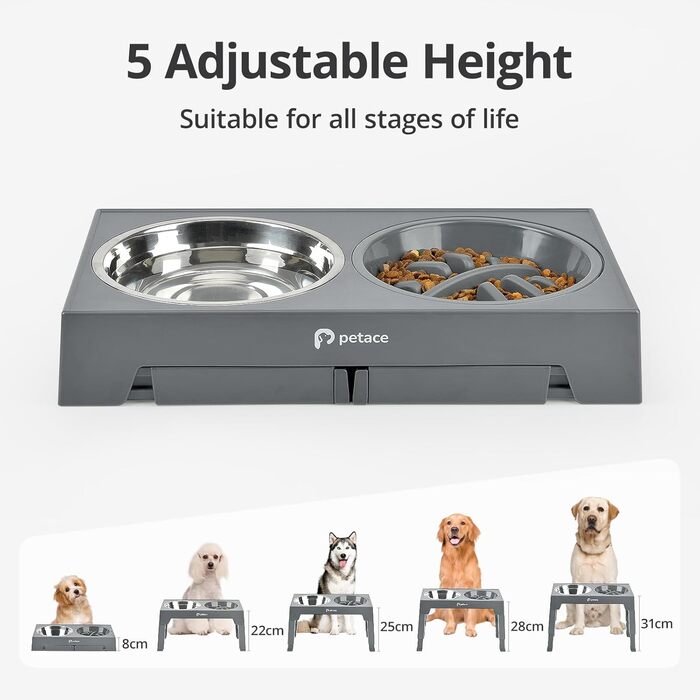 Elevated Dog Bowls Set - Stainless Steel & No-Drip Design - Adjustable Height, 2x 1.2L & 0.8L - Grey