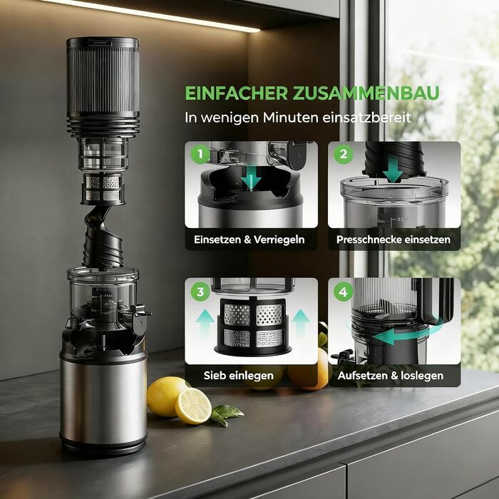 Електрична соковижималка для овочів та фруктів Slow Juicer, шнекова соковижималка для смузі та сорбету, широкий завантажувач 130 мм, 250 Вт, тиха, легка в очищенні, Titanium Gray
