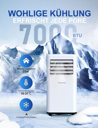 Мобільний кондиціонер Klimaanlage 7000 BTU з 4 функціями: охолодження, осушення, вентиляція, таймер, цифровий дисплей, охолоджувальна площа до 68 м³