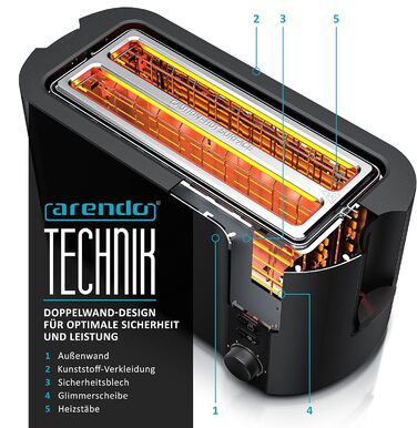 Тостер Arendo з нержавіючої сталі з 4 широкими слотами, подвійними стінками, тримачем для булочок, 6 ступенів підсмажування, центровкою хліба, автоматичним вимкненням та дисплеєм з індикатором часу (чорний)