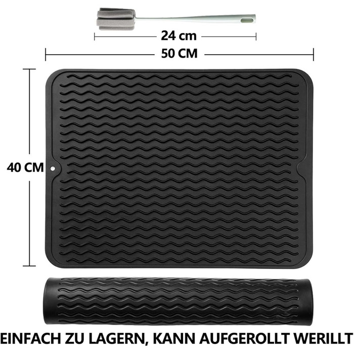 Силиконова підставка для посуду - 50 x 40 см. Без BPA, стійка до нагріву, не слизька. Підставка для сушіння посуду, чорна.