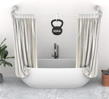 Штанга для душу U/L форми, 75x(150-190)x75 см - 2 в 1 (душова завіса, ванна, кут) - без кріплення до стелі, 24 кільця з нержавіючої сталі (біла)