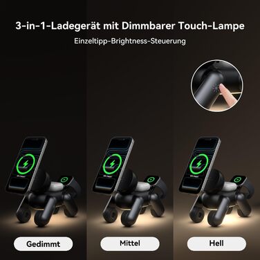 Зарядна станція 3-в-1 для Apple Watch, iPhone 17e/Air/17/16/15/14/13/12, AirPods Pro/2/3 з нічником, чорна. MagSafe сумісність.