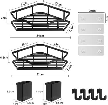 Поличка для душу без свердління, кутова, 2 шт., органайзер для ванної кімнати з 4 гачками, чорний. Підставка для шампуню та аксесуарів для душу