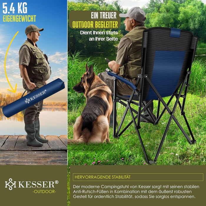 Крісло для кемпінгу KESSER® з високою спинкою, 160 кг, з підлокітниками, тримачем для напоїв та світлом, Navy Blue/Black