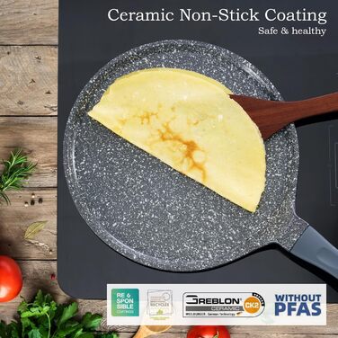 ROSSETTO Crepe Pan Induction 26cm Pancake Pan with PFAS-free Ceramic Coating, Pancake Pan Inner Diameter 24 cm, Die-Cast Aluminum Fry Pan, Suitable for All Cooktops, Sanstone Grey 24cm
