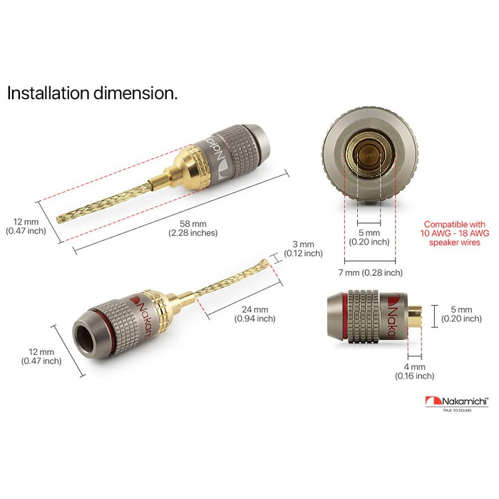Nakamichi FanLock Excel Serie 24K позолочені бананові штекери 2 мм, 10-18 AWG, 4 мм, для акустичних систем, Hi-Fi аудіокабелів (16 шт - 8 пар)