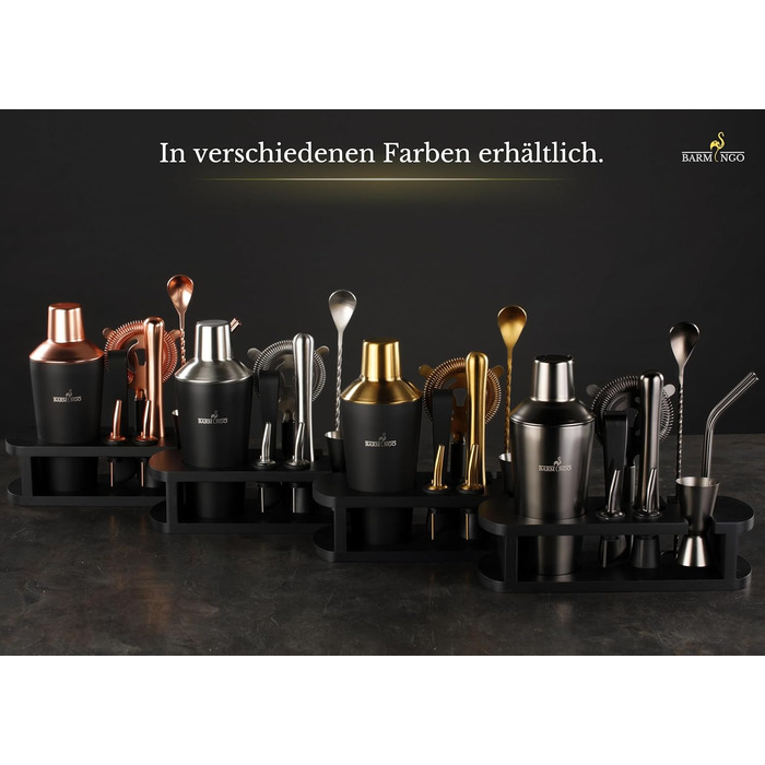 BARMINGO Stainless Steel Cocktail Set - 11 Piece Bar Set with Shaker, Stand & Accessories | Cocktail Shaker Set | Bartender Set | Cocktail Mixing Set | Bar Set | Gift Set | Black Metallic Black