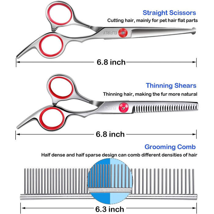 Набір професійних інструментів для грумінгу собак: ножиці з нержавіючої сталі, ножиці для витончення, ножиці з округлими кінцями, тример для шерсті, набір для грумінгу тварин з тримером для нігтів для собак і котів, червоний