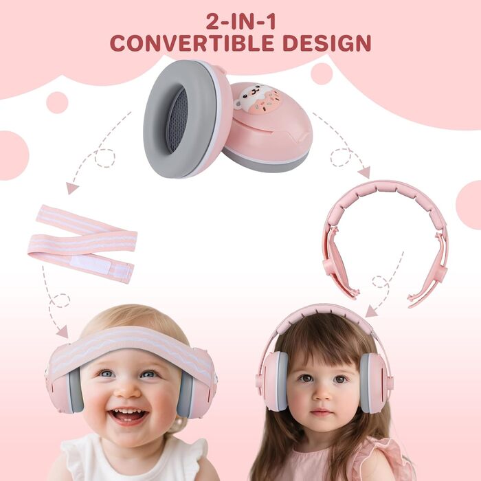 Навушники-захист вух для малюків 2-в-1 - рожеві, захист від шуму до 25 dB, регульоване антиковзне обруч до 48 місяців, м'які та легкі