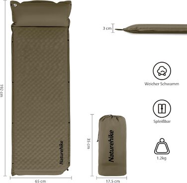 Каремат Naturehike самонадувний з подушкою, комбінований двомісний, ультралегкий, 3 см, армійний зелений, для кемпінгу та подорожей